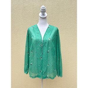 1970 Emerald Green Long Sleeve floral stretch polyester Blouse
